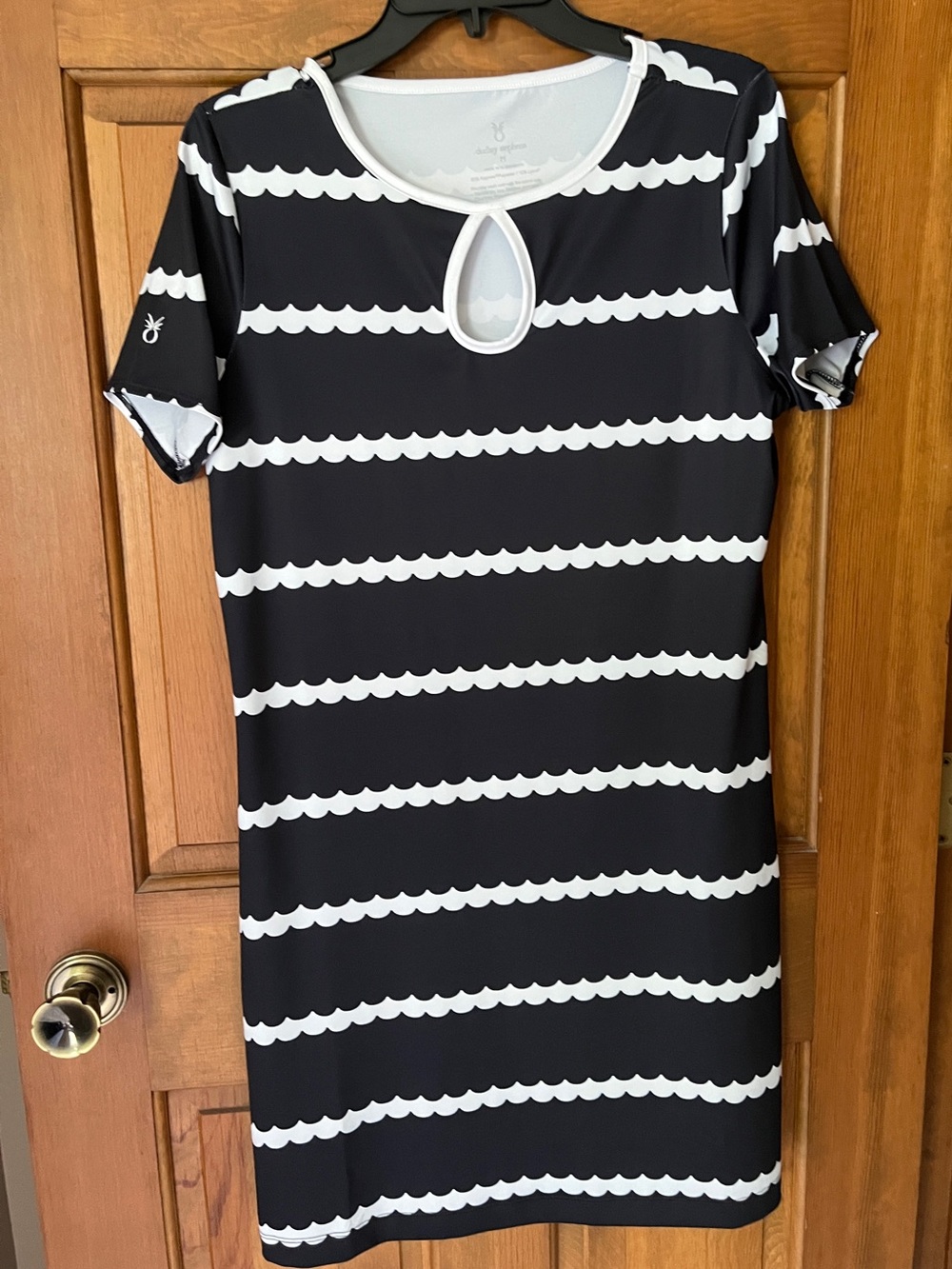 Dudley Stephens Navy and White Scallop-Striped Keyhole Dress